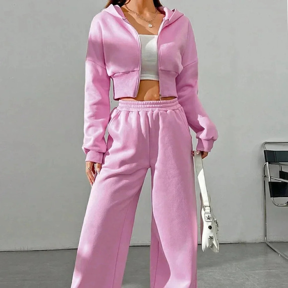 Pink Casual Women's Spring Zip Front Hooded Sweatshirt And Pants Set - Picture 3 of 7